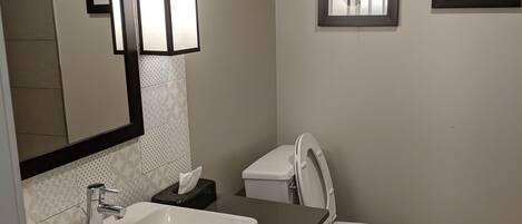 A modern bathroom with a large mirror, a sink, a toilet, and two framed pictures on the wall.