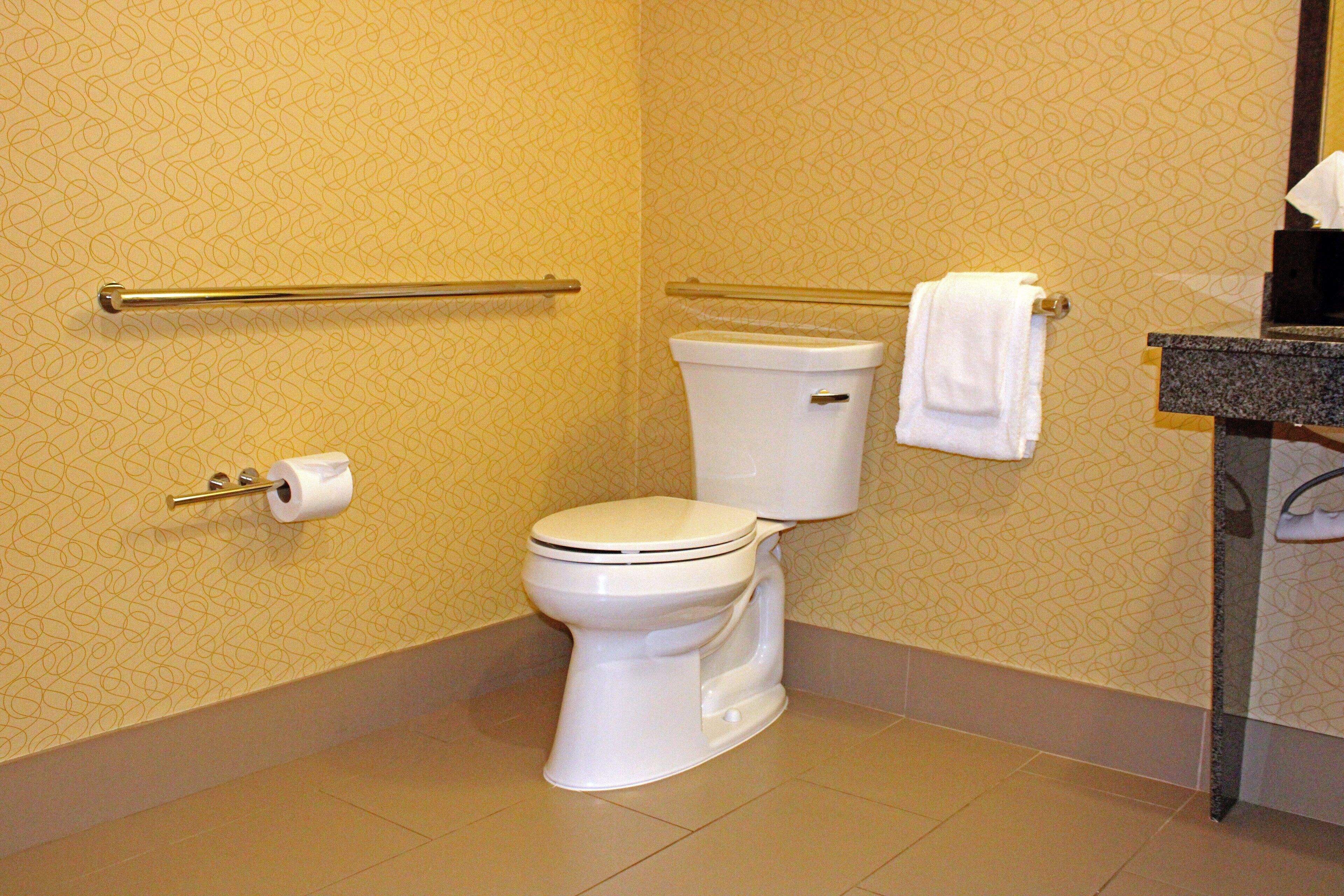A bathroom with a toilet, a handrail, a towel, and a toilet paper holder.
