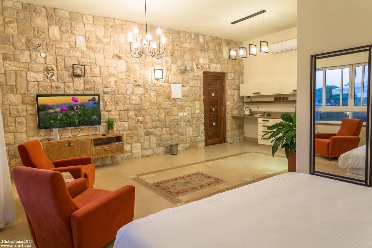 A modern room with a stone wall, a flat-screen TV, orange chairs, a bed, and a view through a window.