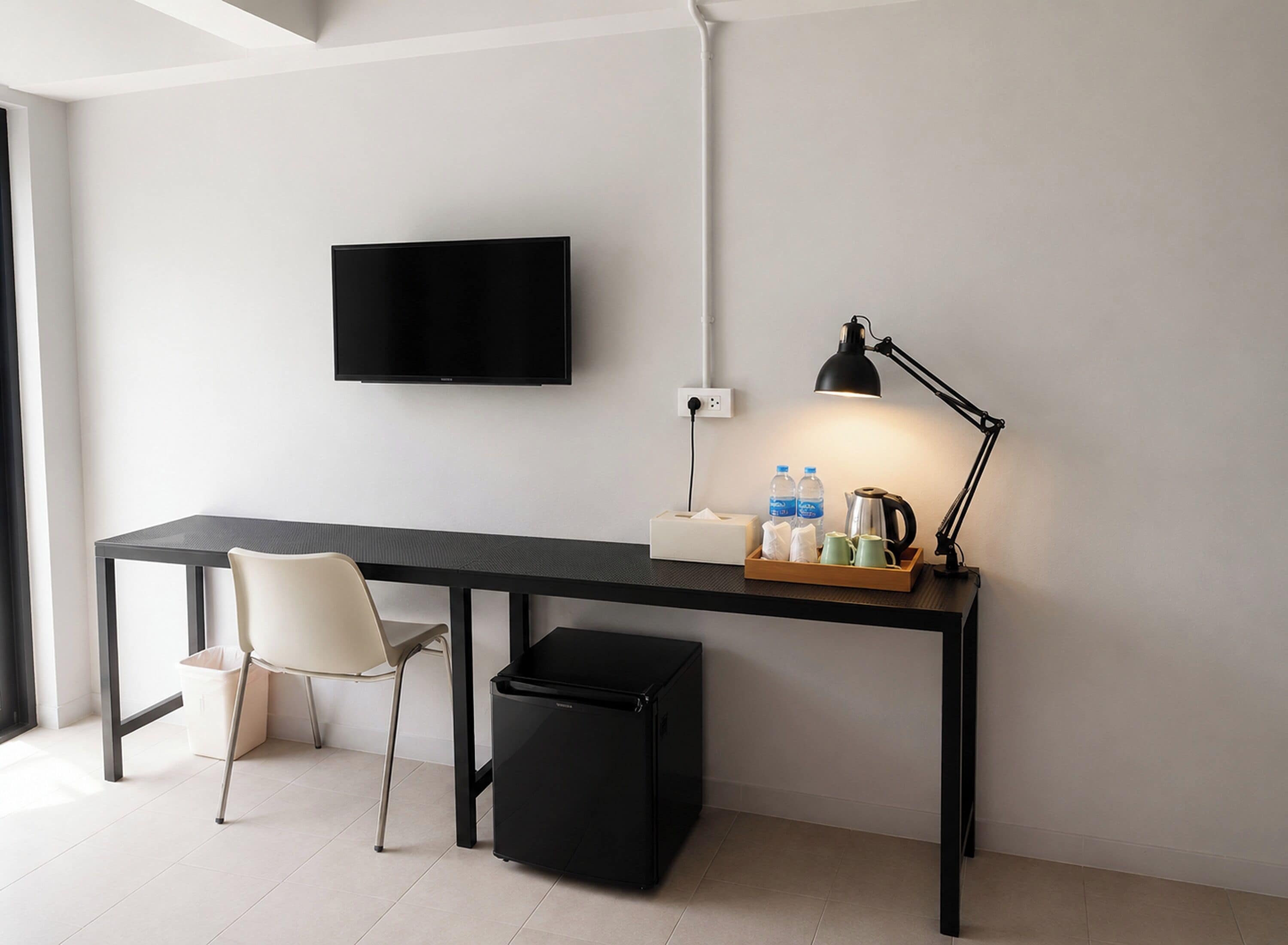 A modern hotel room with a desk, chair, TV, desk lamp, and a trash bin.