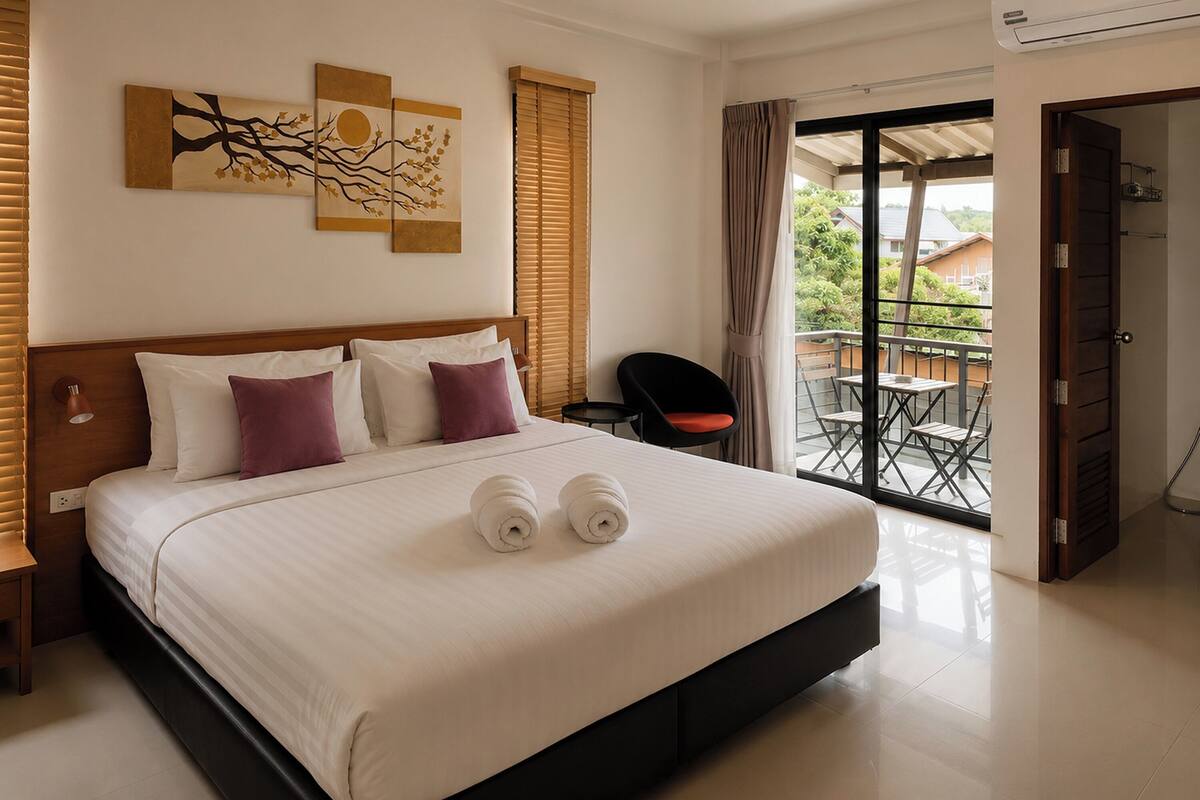Een hotelkamer met een bed, een nachtkastje, een stoel, een balkon met een tafel en stoelen, en een deur.