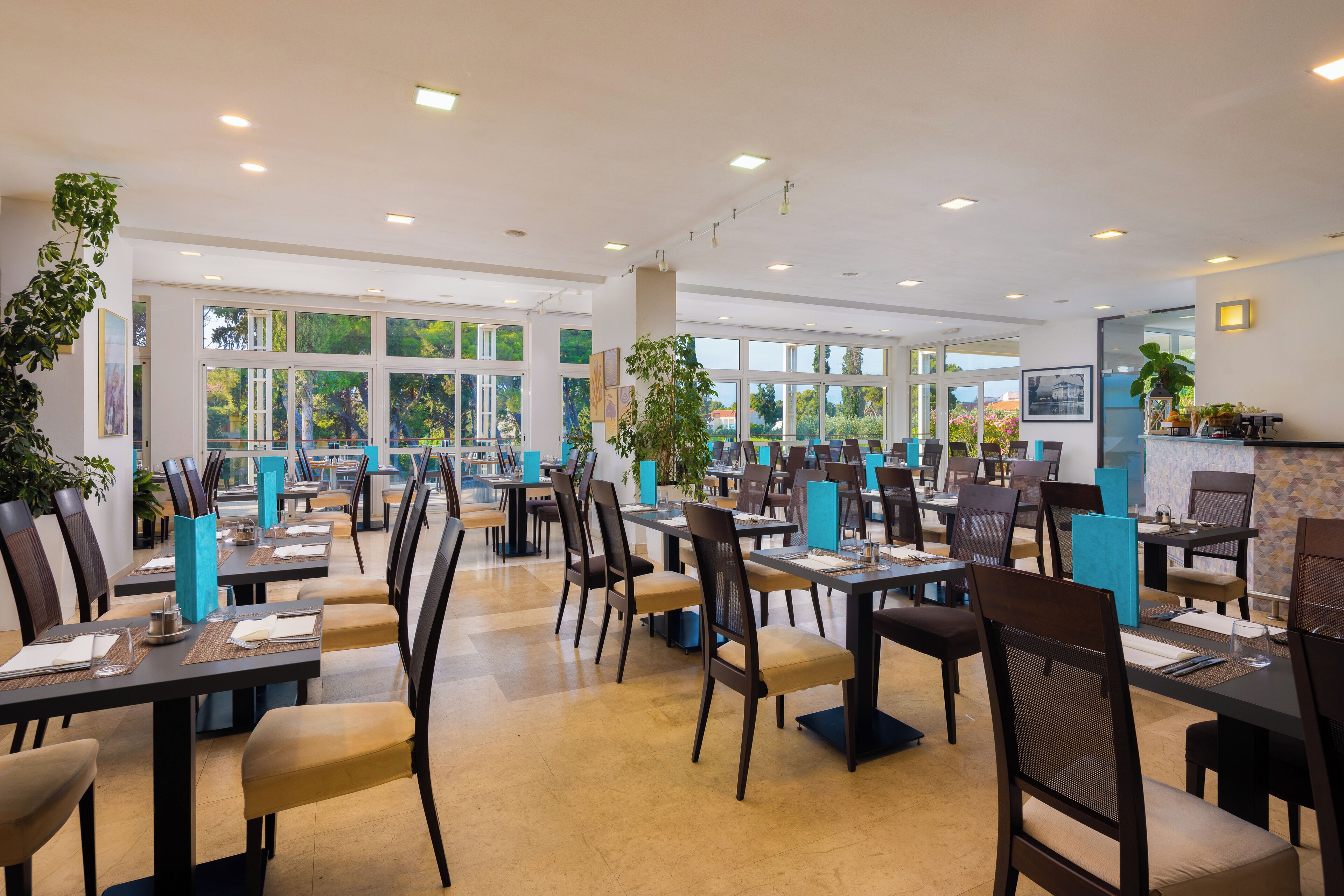 Un restaurant spacieux, doté de nombreuses tables et chaises, de grandes fenêtres donnant sur un paysage verdoyant et de plantes d’intérieur.