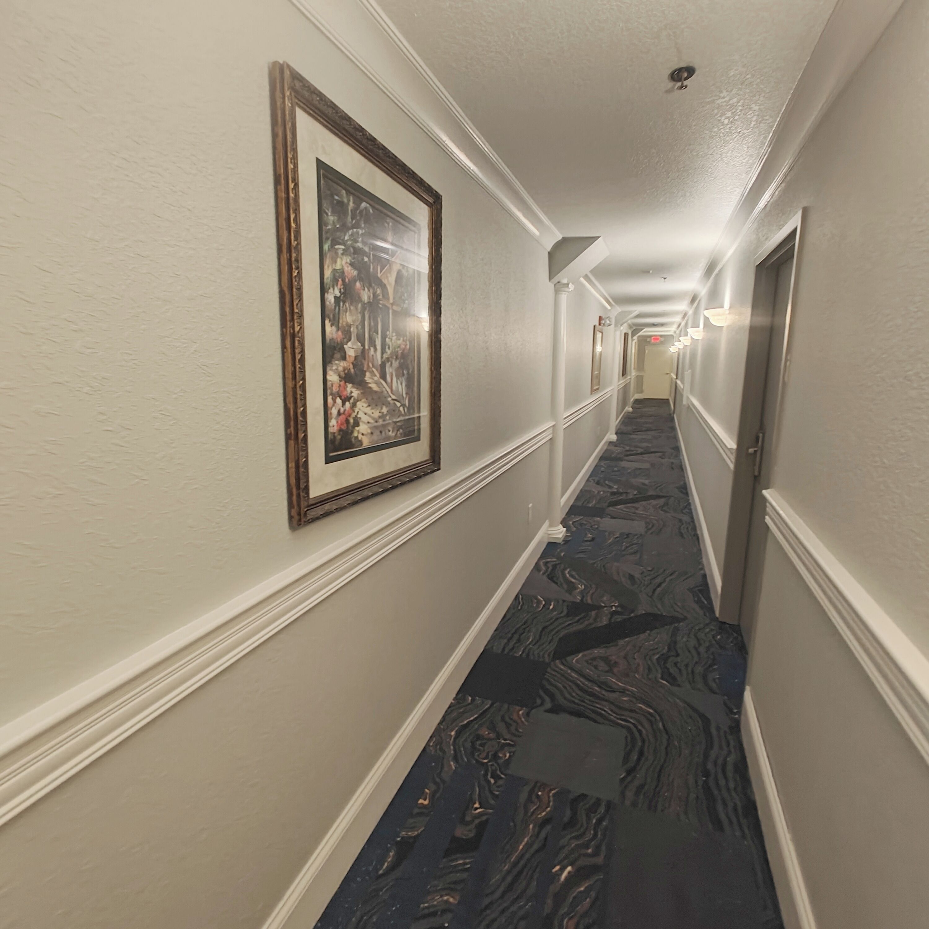 En hotellkorridor med ett mönstrat golv, inramade konstverk på väggarna och en lampa i taket.
