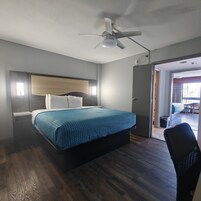 A bedroom with a bed, a ceiling fan, a door leading to a balcony, and a chair.