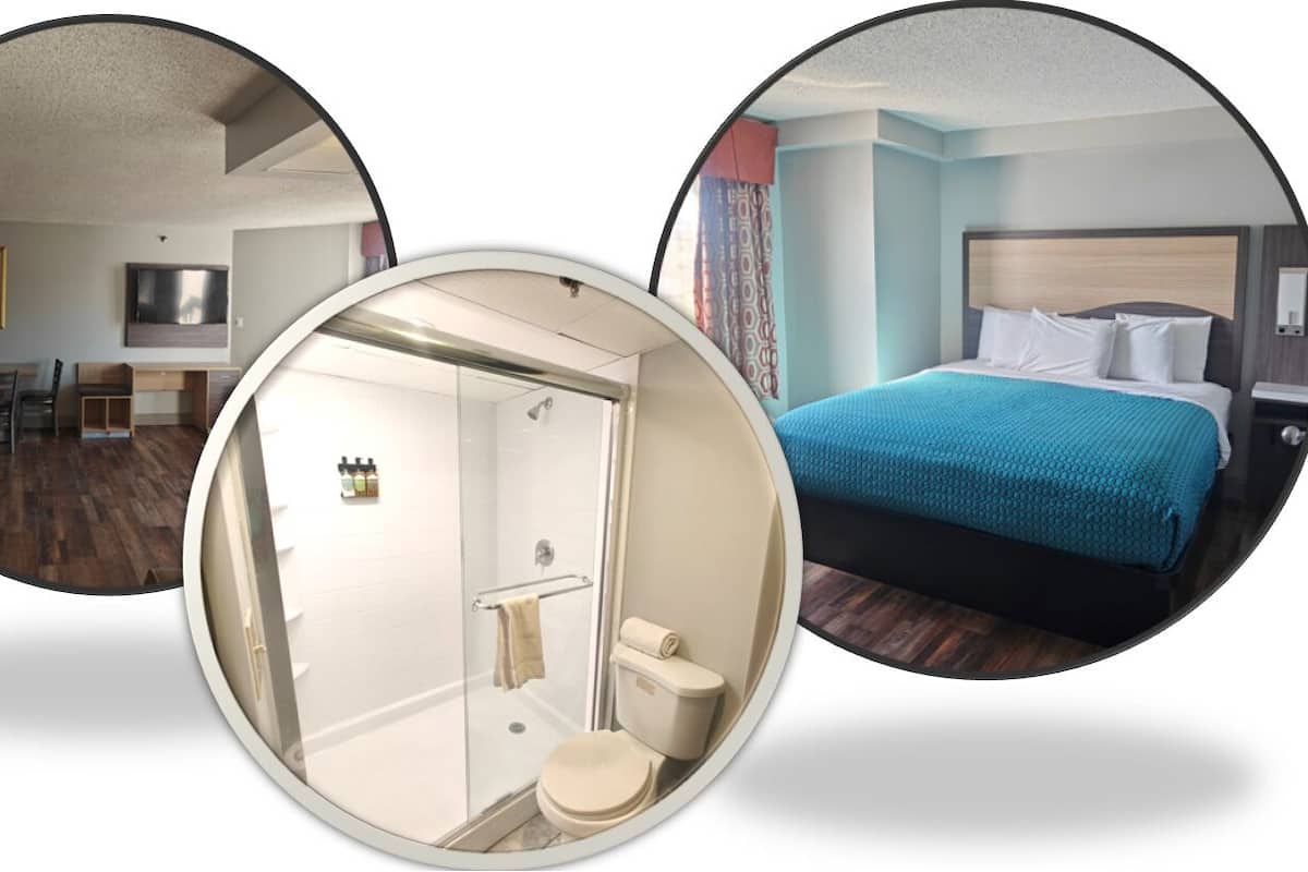 A hotel room with a bed, a shower, and a bathroom.