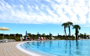 Seasonal outdoor pool, pool umbrellas, pool loungers