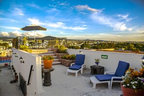 A rooftop terrace with lounge chairs, potted plants, and a view of the cityscape.
