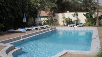 Outdoor pool, sun loungers