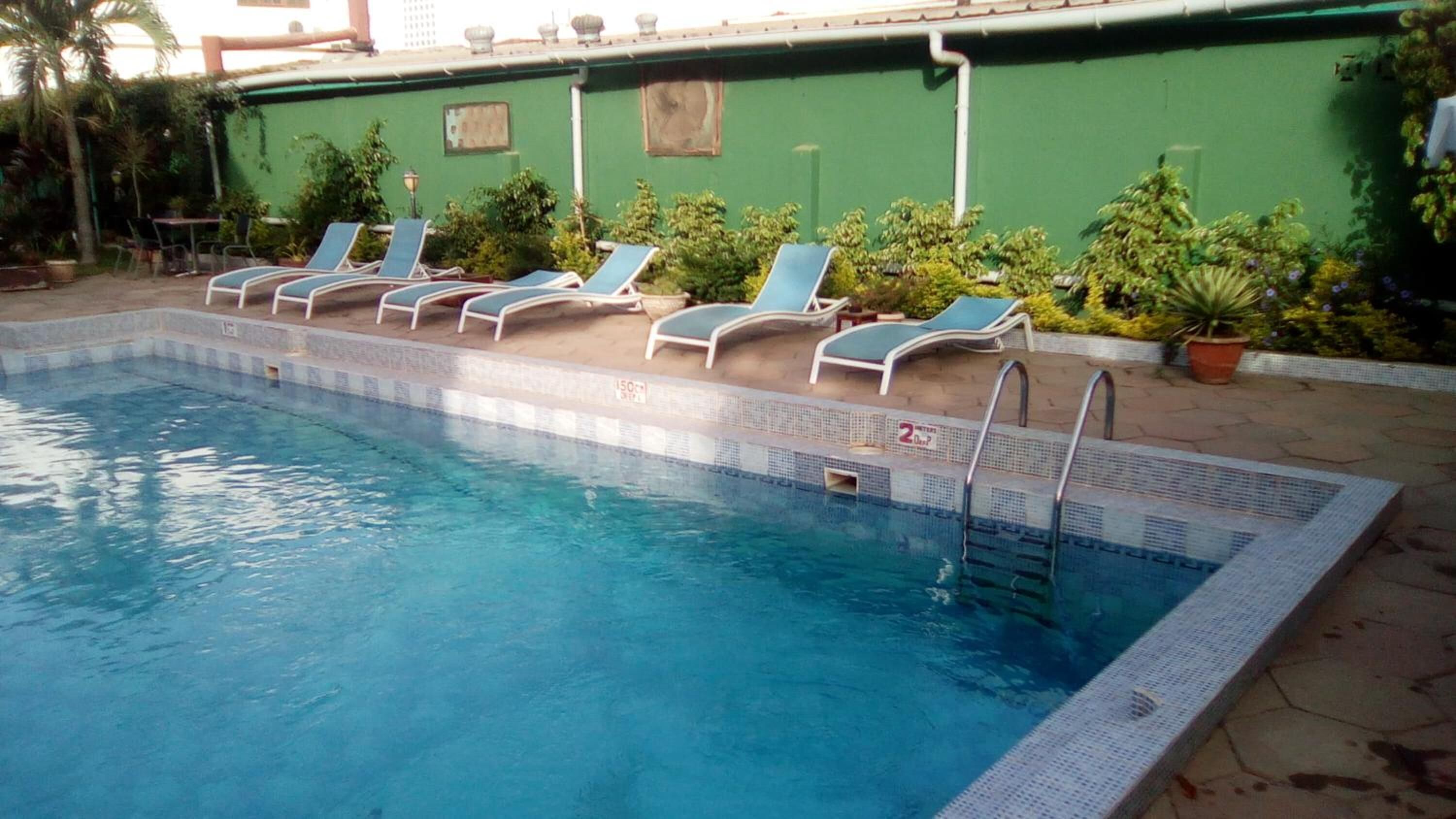 A swimming pool with lounge chairs and a green wall.