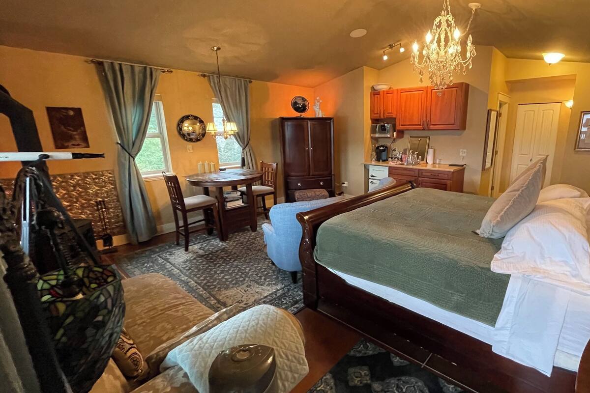 A bedroom with a bed, a desk, a chair, a chandelier, and a small kitchenette.