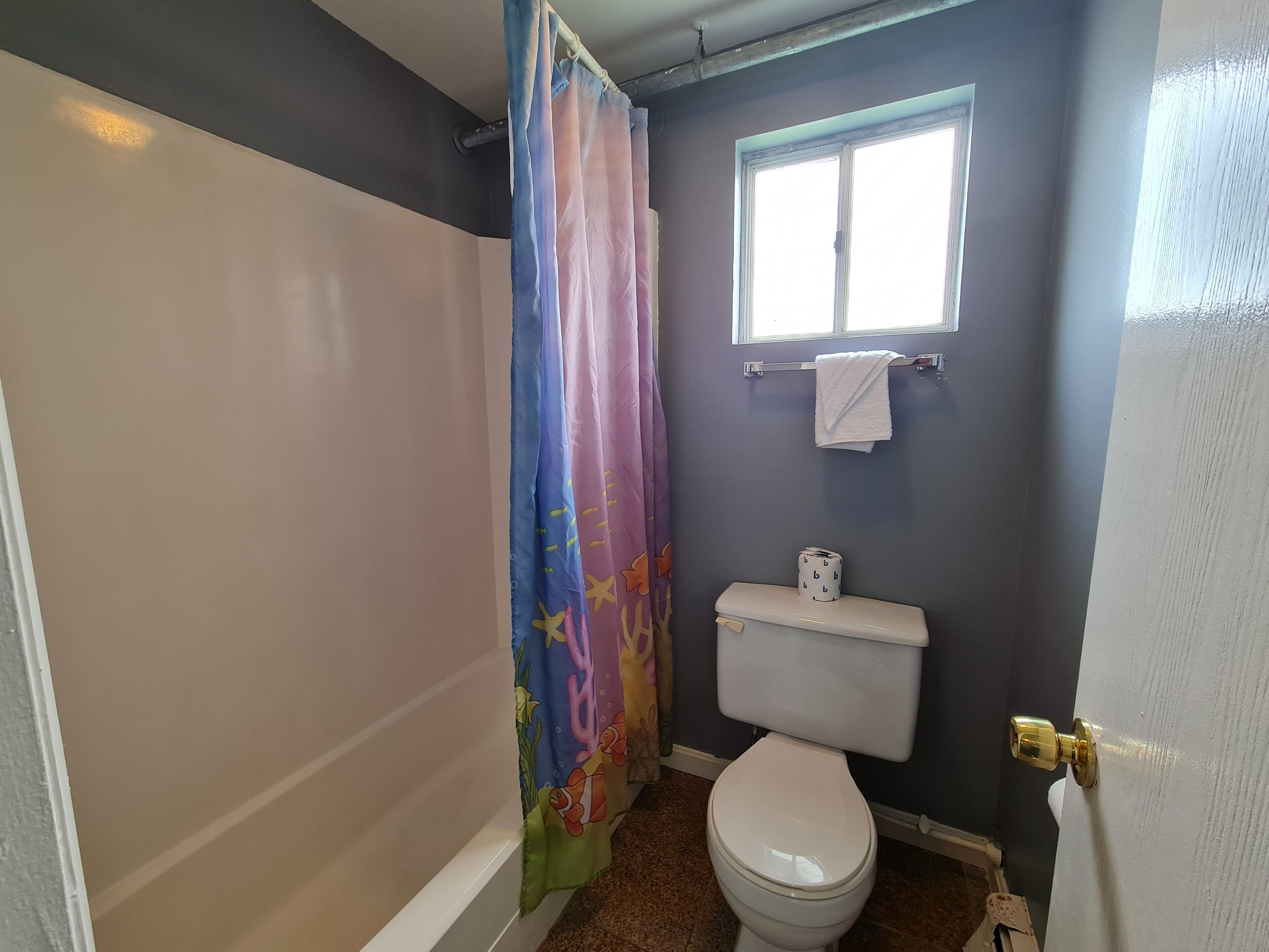 Un baño con inodoro blanco, ventana sobre el lavabo y cortina de ducha con estampado de peces de colores.
