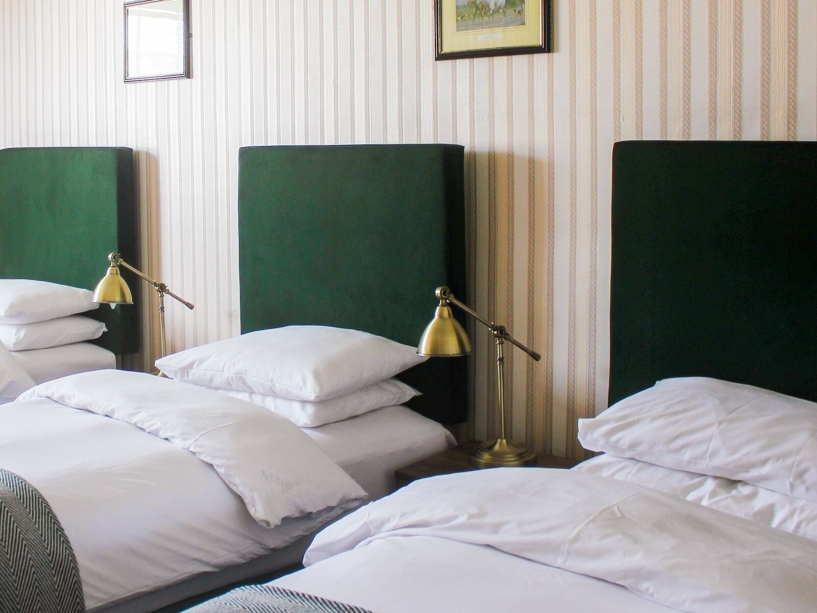 Een hotelkamer met drie bedden, elk met groene hoofdborden en witte beddengoed. Er staan twee nachtlampjes bij elk bed.