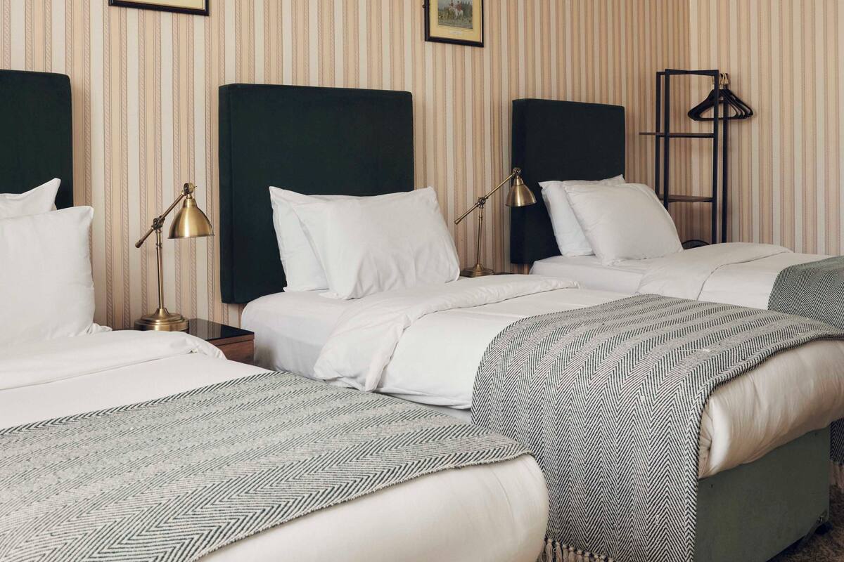 A hotel room with two beds, each with a headboard, a bedside table, and a lamp. There is a mirror on the wall and a hanging coat rack.