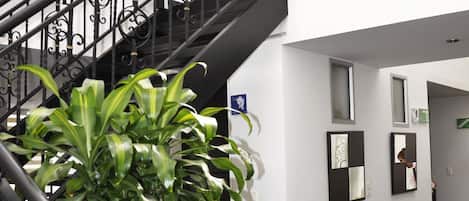 A staircase with ornate black railings, a potted plant, and two upholstered chairs in a lobby area.