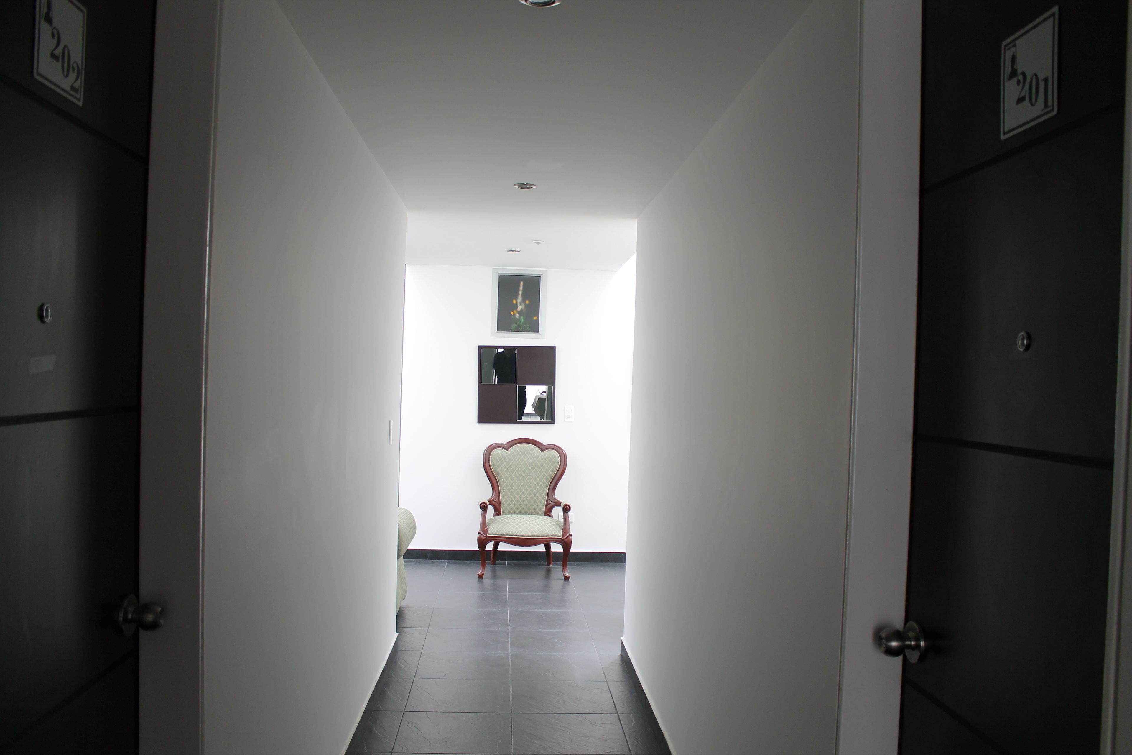 Un pasillo con una silla, puertas y un cuadro en la pared.