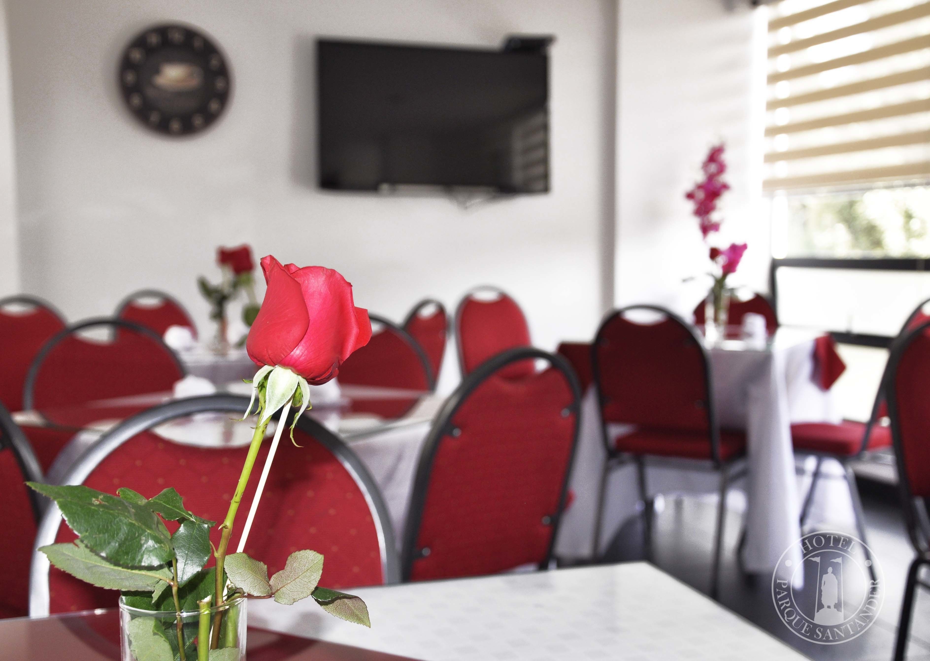 A dining area with red chairs and tables, a rose in a glass vase, and a television on the wall.