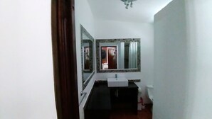 A bathroom with a white sink, a mirror, and a shower area. - Hotel Coco Plaza (Las Terrenas)
