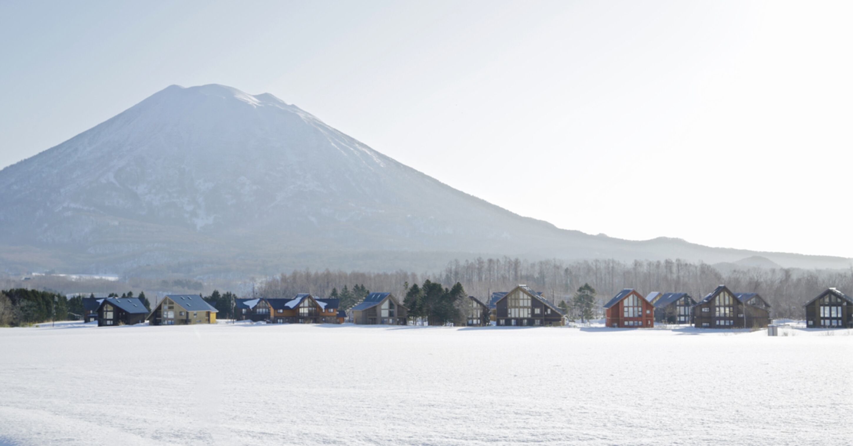 A row of log cabins with a snow-covered field and a mountain in the background.