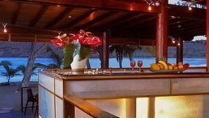 Zona de bar con vista al océano, techo de madera y ambiente tropical.