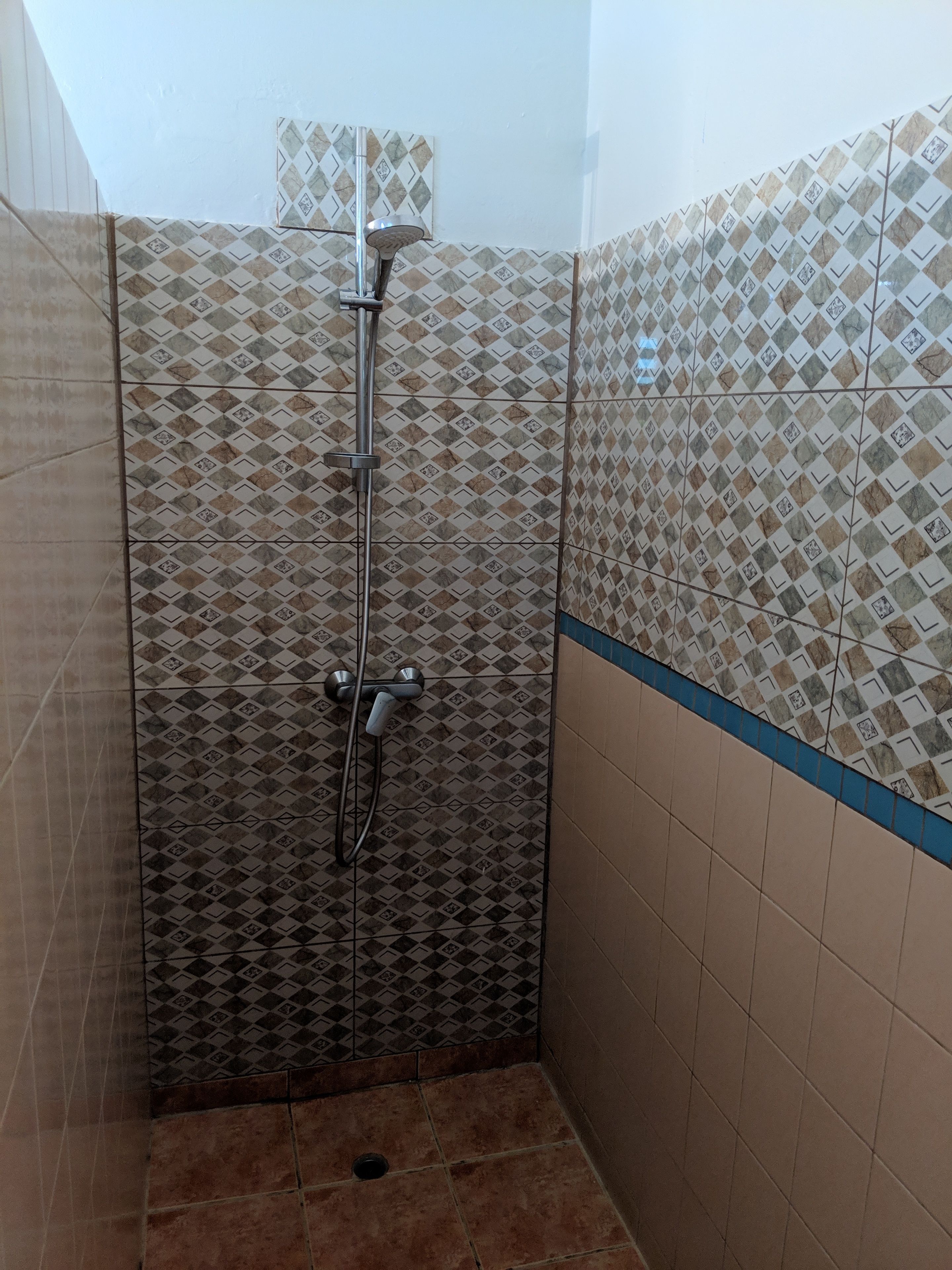 Zona de ducha con azulejos estampados y una banda azul decorativa.