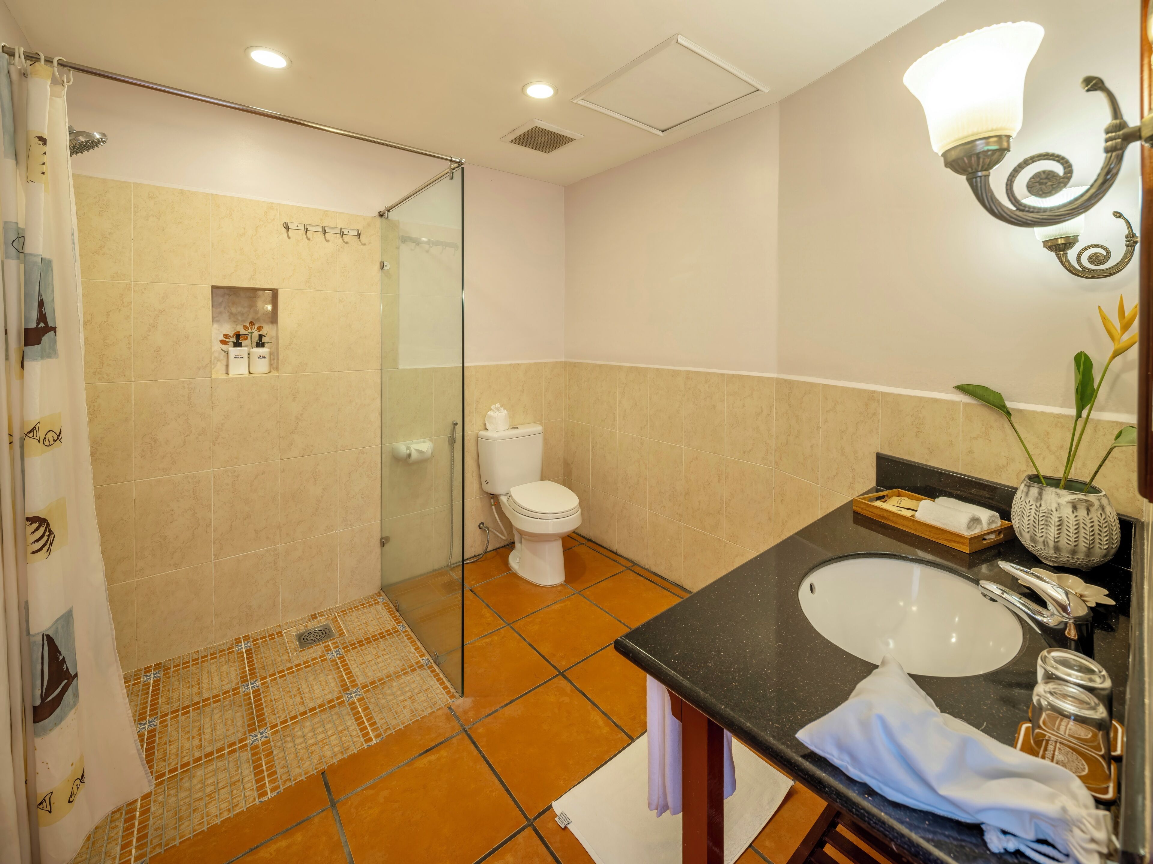 A bathroom with a glass shower enclosure, a toilet, a sink with a mirror, and a small shelf with toiletries.