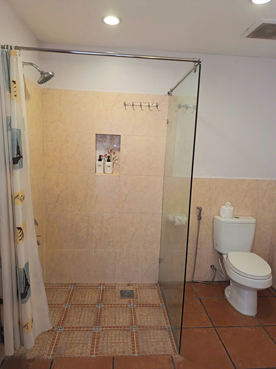 Un baño con ducha de vidrio, inodoro y un pequeño estante con artículos de aseo.