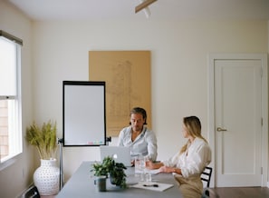A meeting room with a whiteboard, a laptop, and two people seated at a table with a potted plant and a mug.