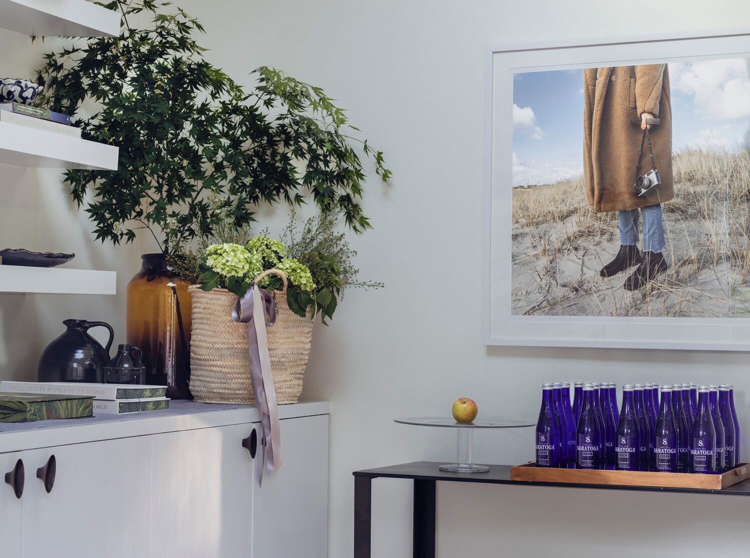 A modern kitchen with a large potted plant, a framed photograph, and a display of bottled water.
