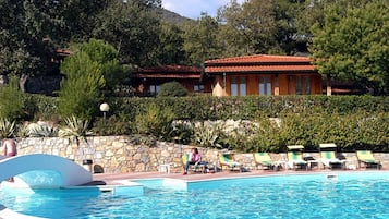 Outdoor pool, pool umbrellas, pool loungers