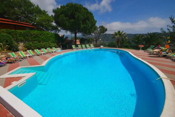 Outdoor pool, pool umbrellas, pool loungers