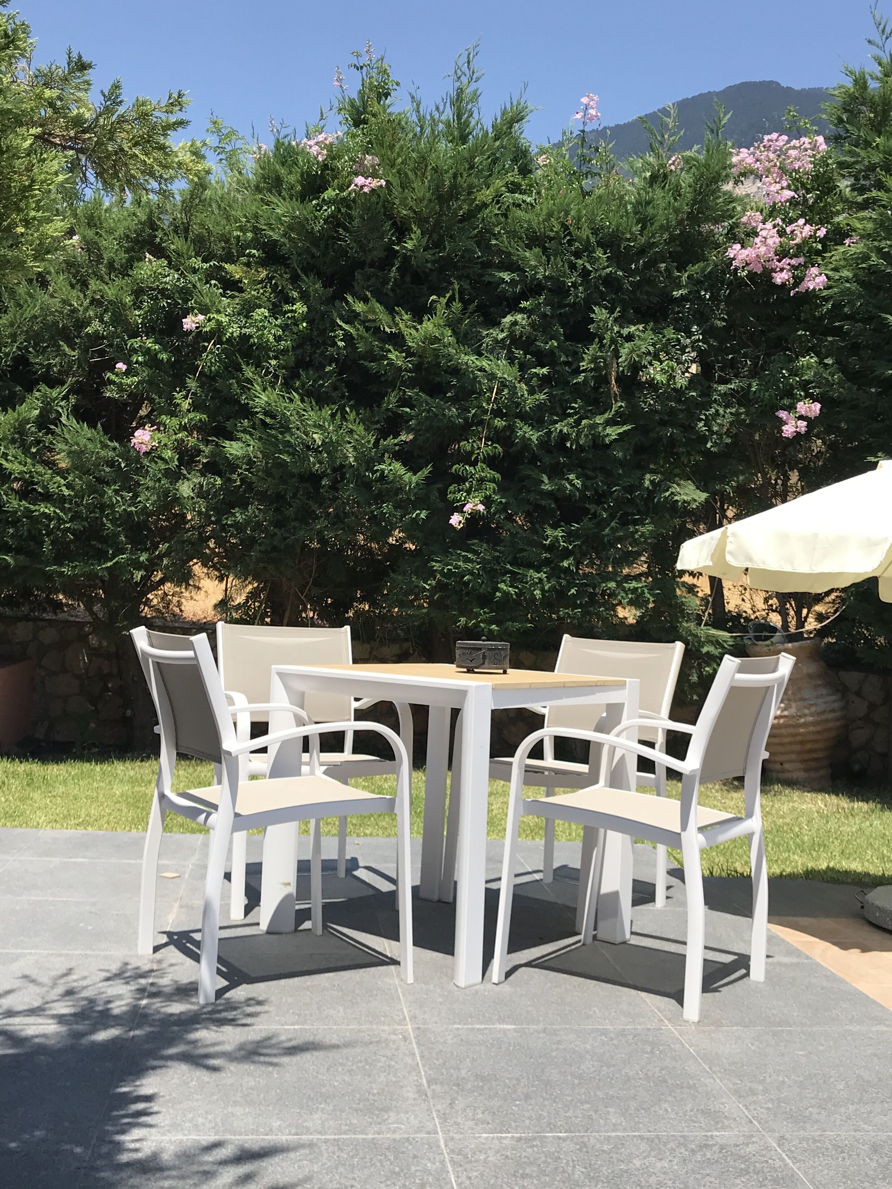 An outdoor patio with a round table and six chairs, surrounded by a hedge with pink flowers.