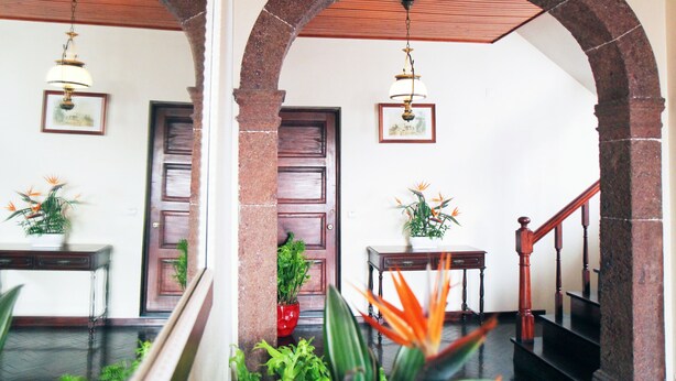 Un couloir avec des portes en bois, un escalier et des plantes en pot.