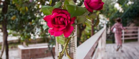 Un vase en verre contenant des roses, posé sur la rambarde d’un balcon.