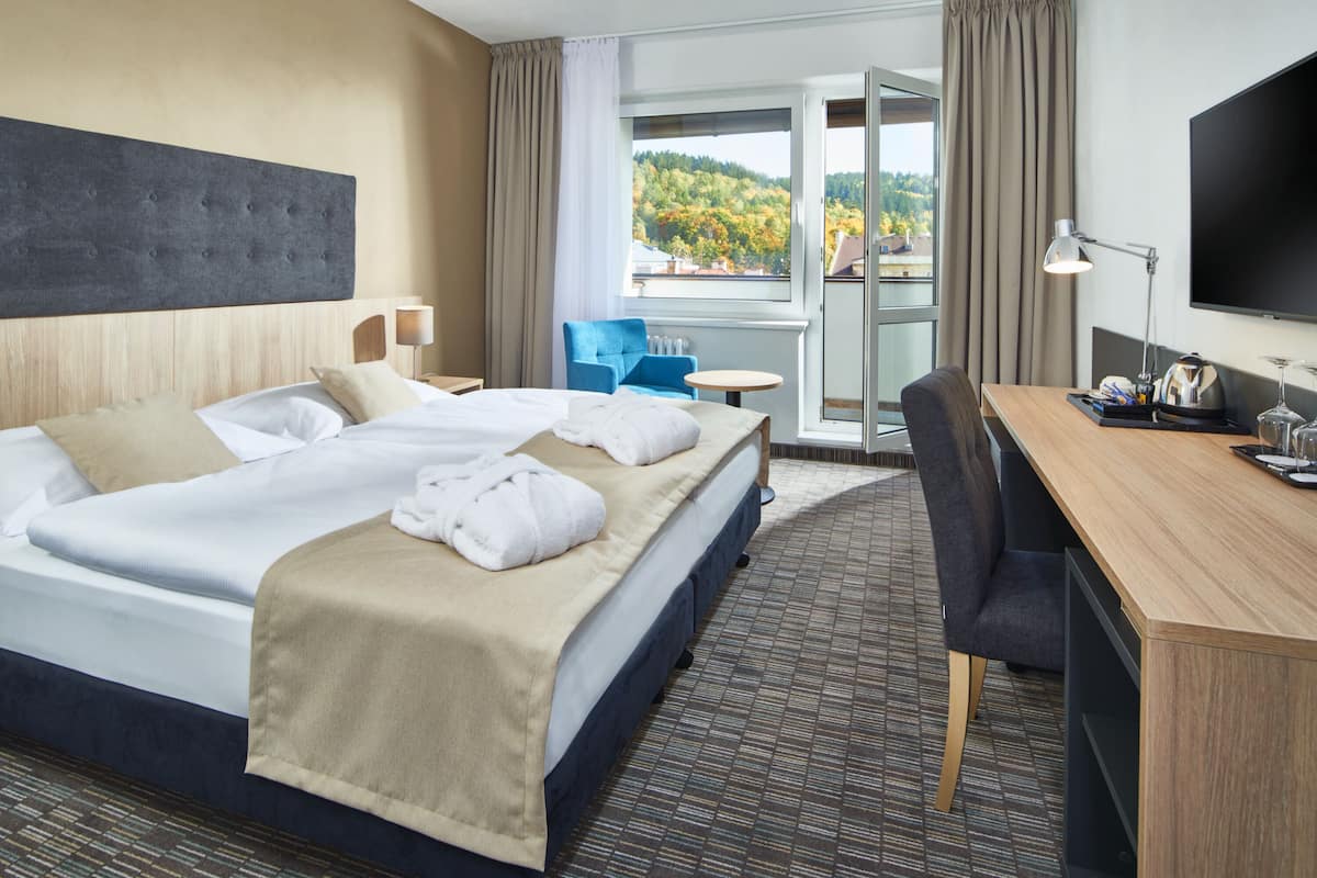 Camera d'albergo con un letto grande, una scrivania, una sedia, una TV e vista all'esterno.