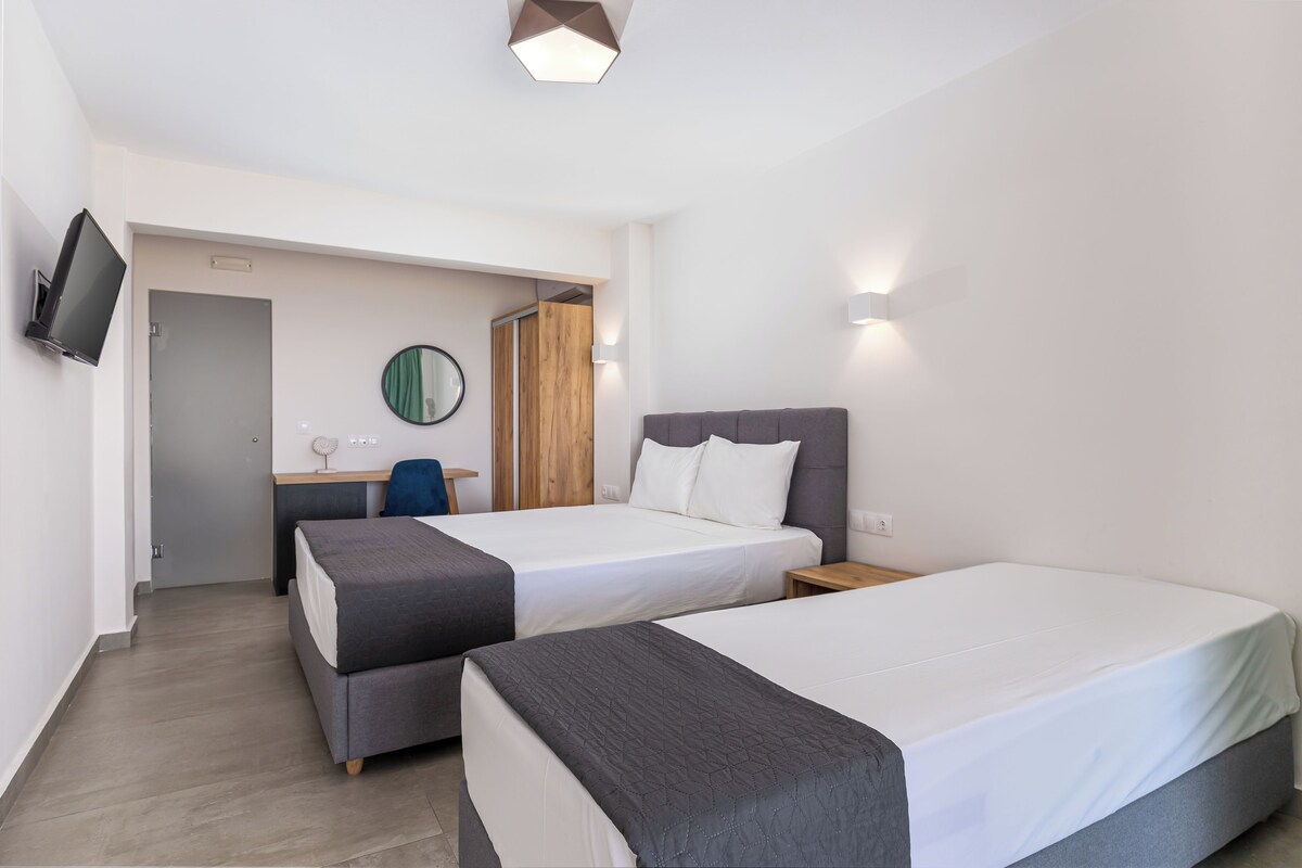 A hotel room with two beds, a desk, a chair, a TV, and a mirror.