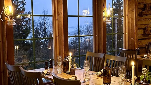 Un coin repas chaleureux avec une table en bois dressée pour quatre personnes, entourée de chaises. De grandes fenêtres, ornées de rideaux, laissent entrer la lumière naturelle et offrent une vue sur les arbres à l’extérieur.