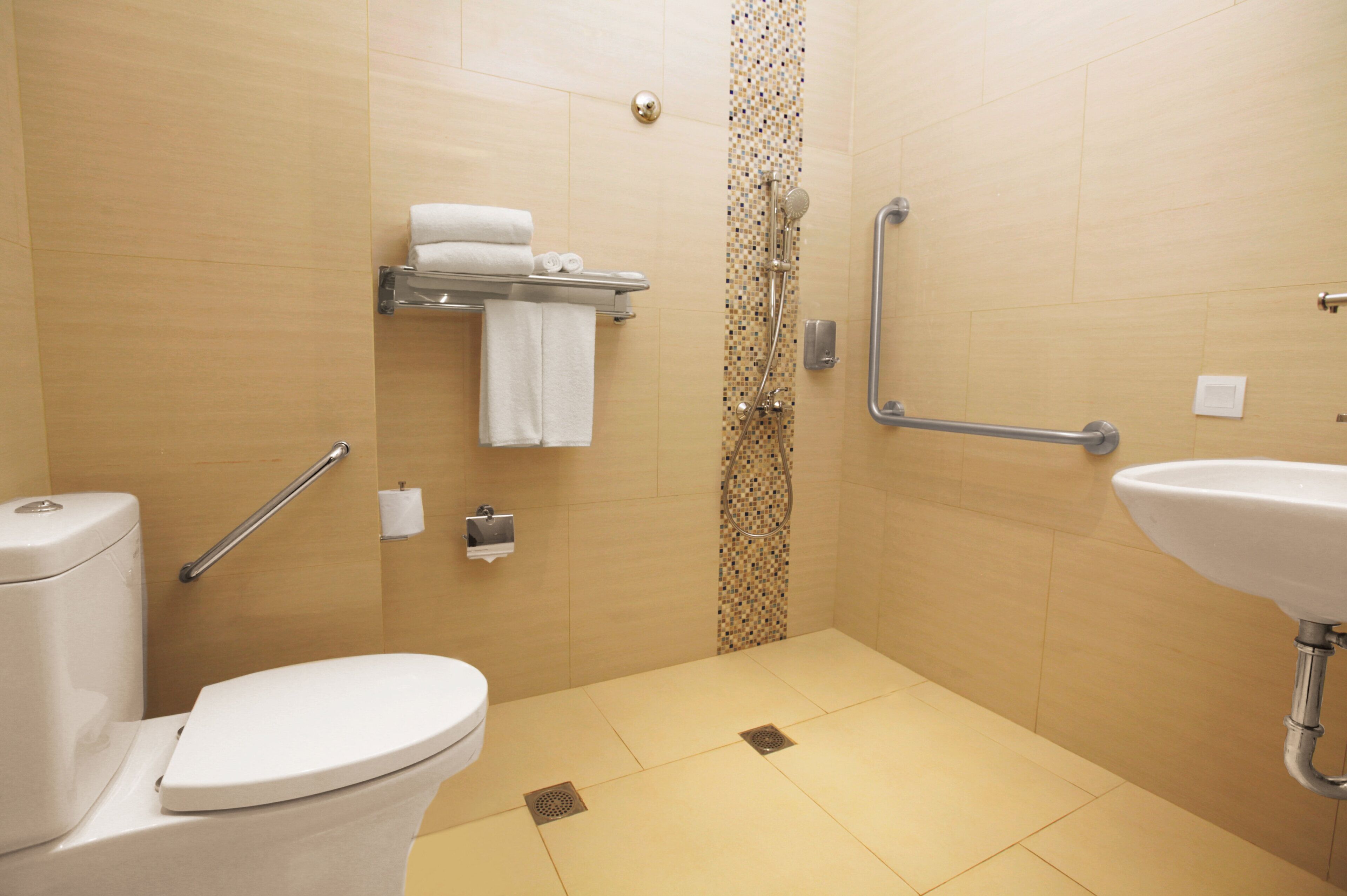 Une salle de bain comprenant des toilettes, un lavabo, une douche équipée d’une barre d’appui et un porte-serviettes.