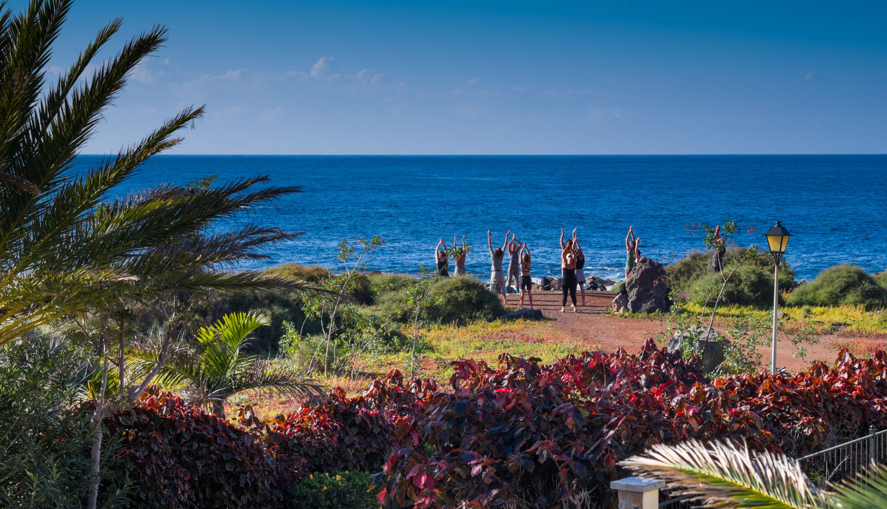 Trilho costeiro com pessoas alongando-se, rodeado por vegetação exuberante e mar azul cristalino.