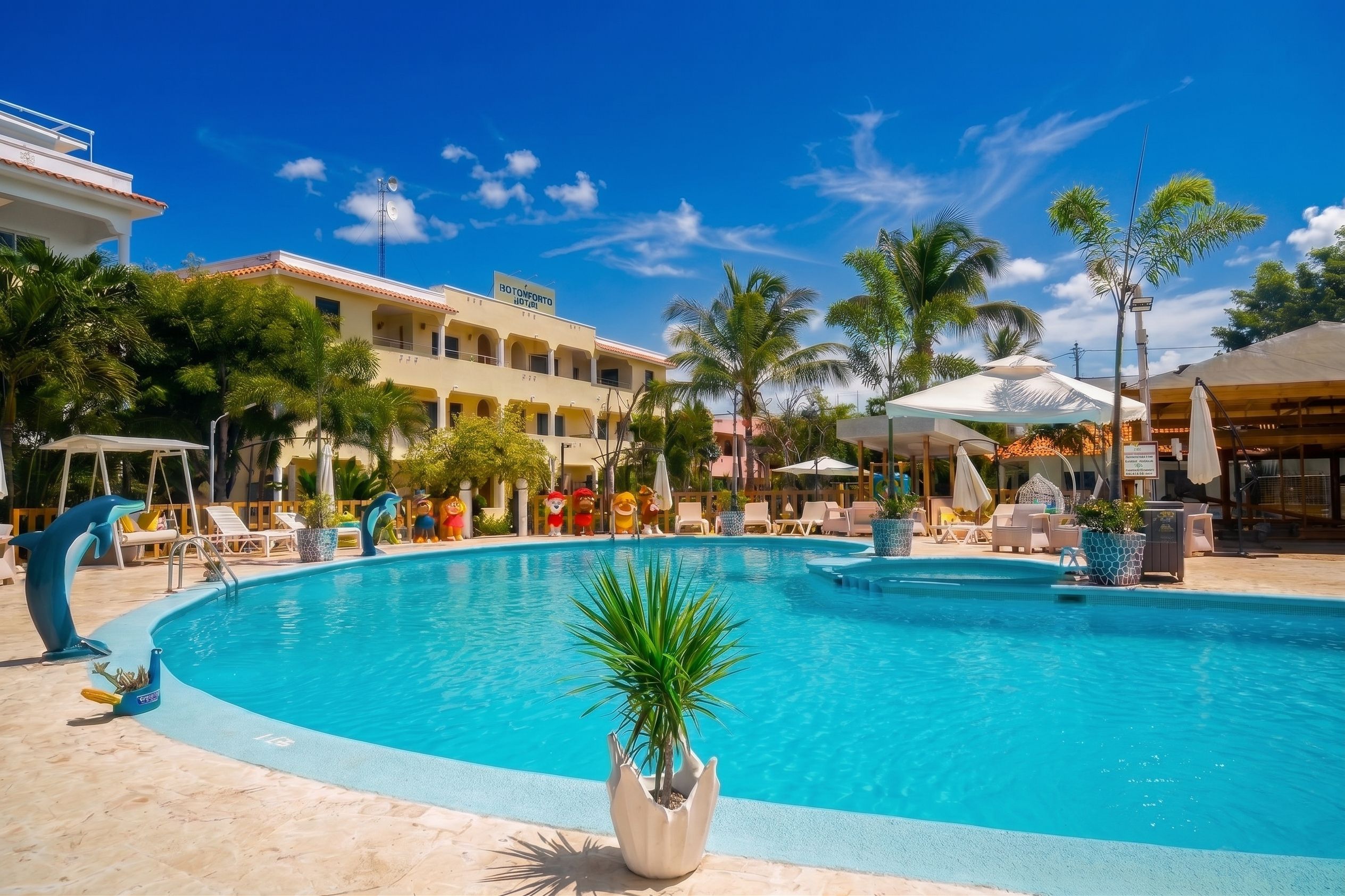 A swimming pool with lounge chairs and palm trees, surrounded by a hotel building.