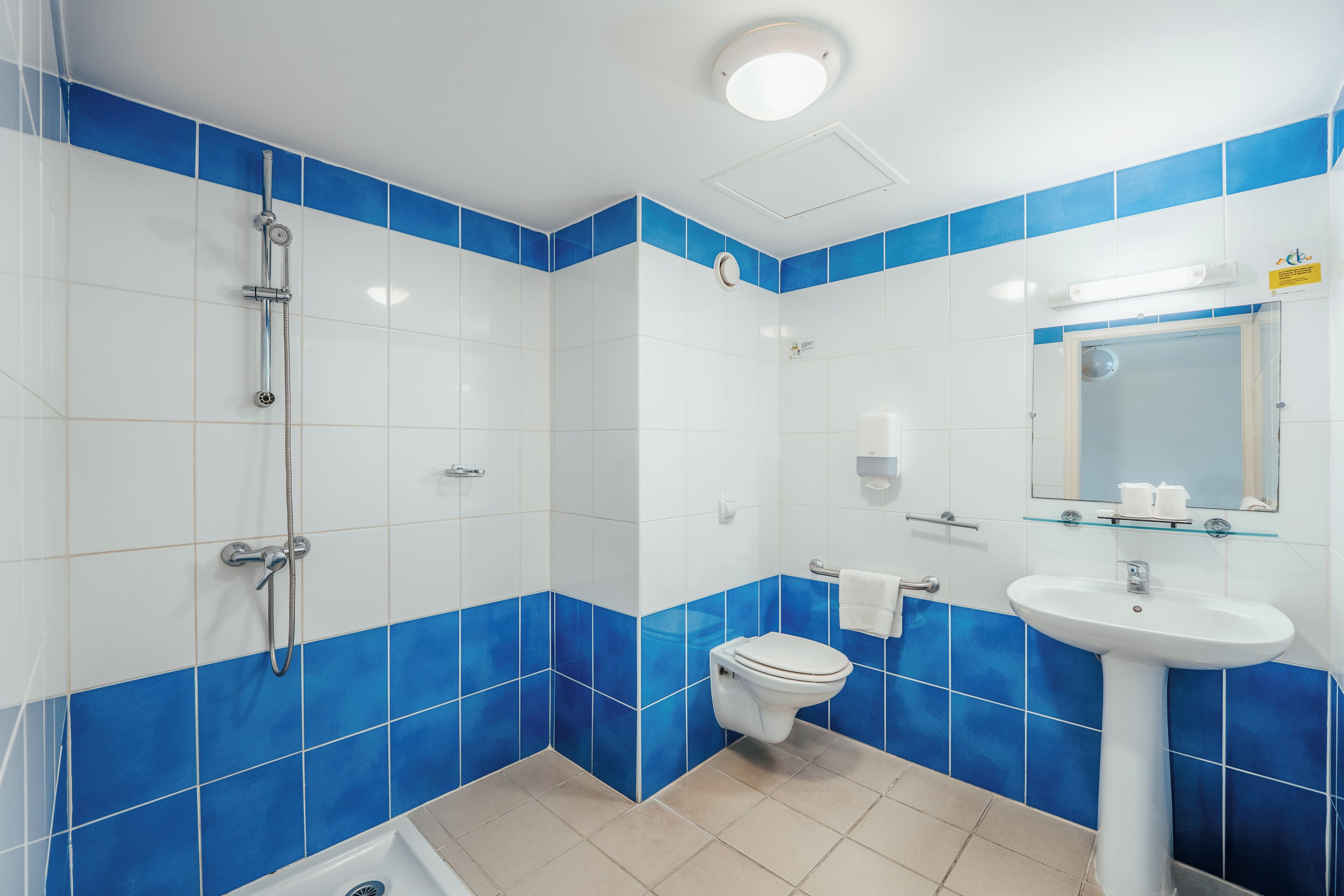 Un baño con inodoro blanco, lavabo y ducha.