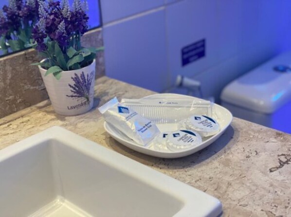 Un lavamanos de baño con un lavabo blanco, una bandeja con artículos de tocador y una planta de lavanda en una maceta blanca.