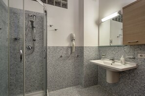 Shower, hair dryer, towels