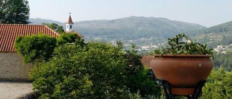 A terracotta pot on a balcony with a view of a church and hills.