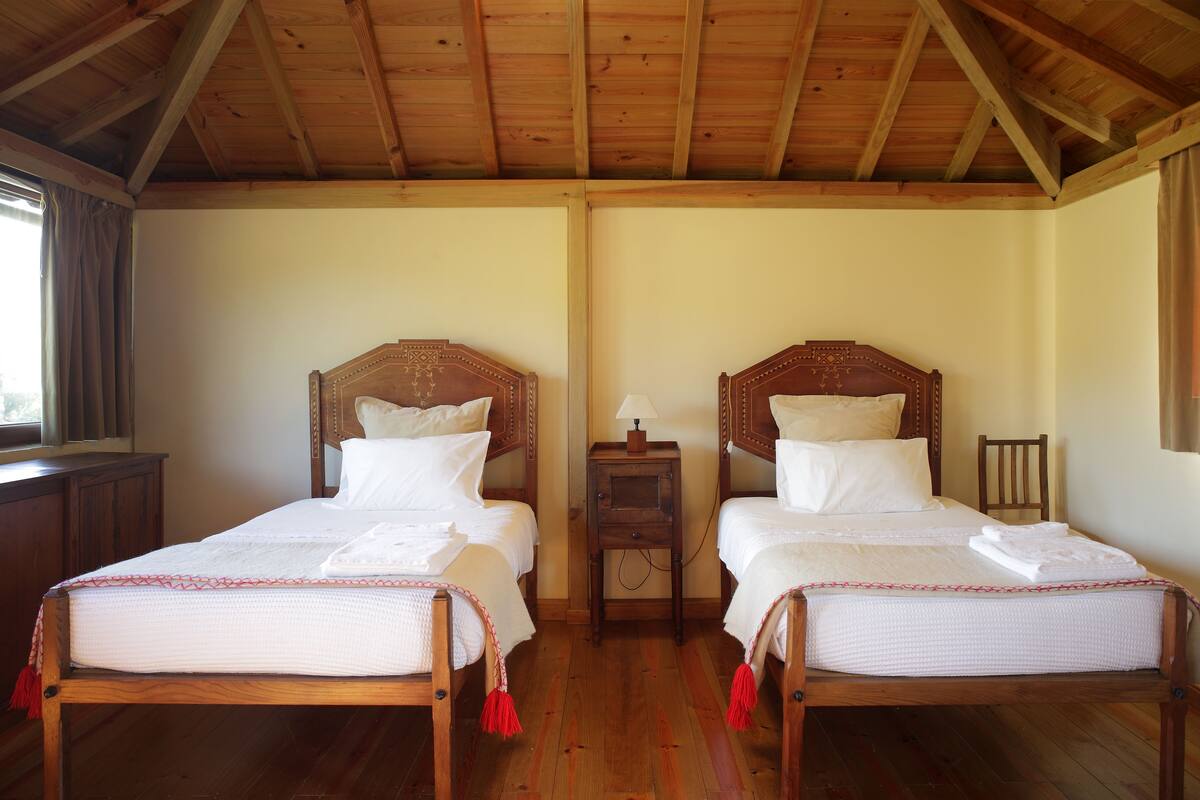 Een kamer met twee houten bedden, een nachtkastje met een lamp en een houten stoel.