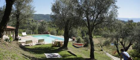 Outdoor pool, pool umbrellas, pool loungers