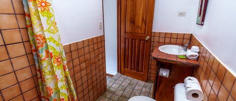Un baño pequeño con inodoro, lavabo y cortina de ducha.