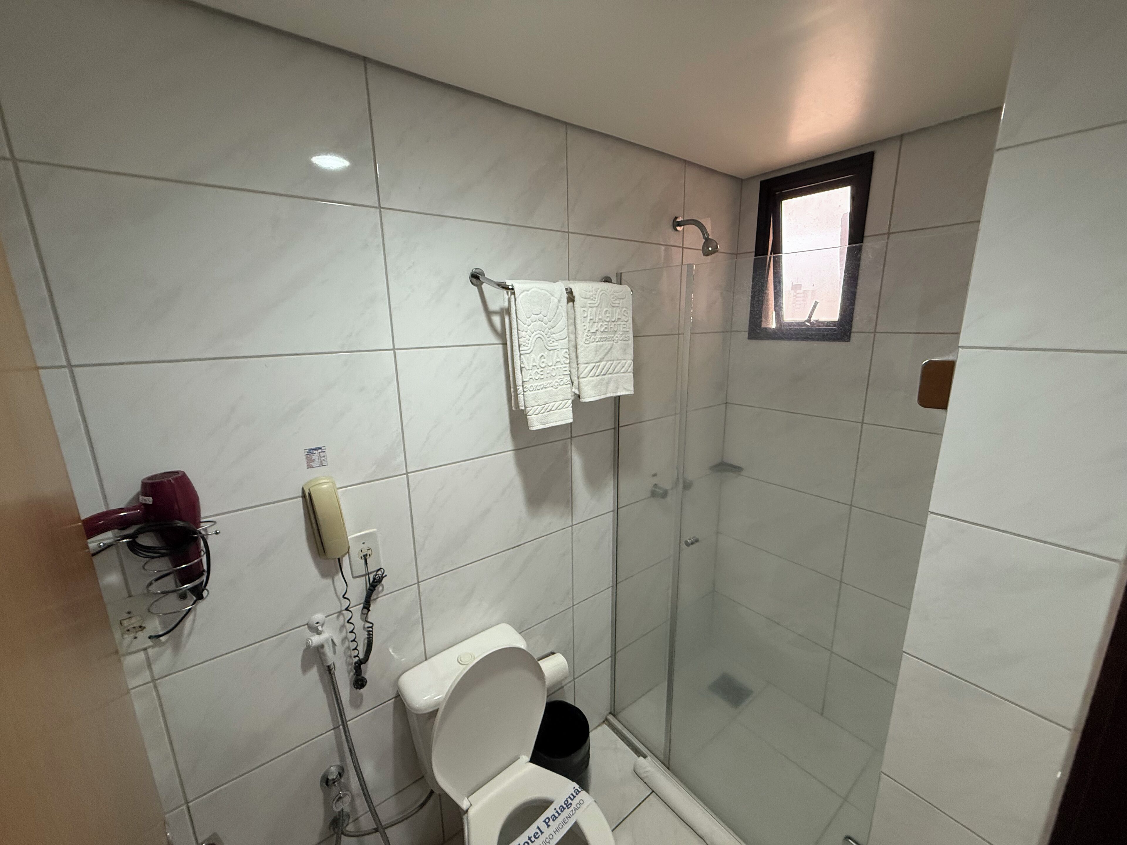 A bathroom with a toilet, a shower, and a towel rack with a towel hanging on it.