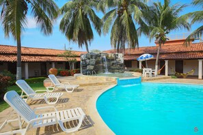 Outdoor pool, pool umbrellas, pool loungers