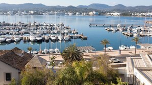 A marina with numerous boats docked, a dock, and a backdrop of hills and buildings. - Hotel Es Mitjorn (Sant Antoni de Portmany)