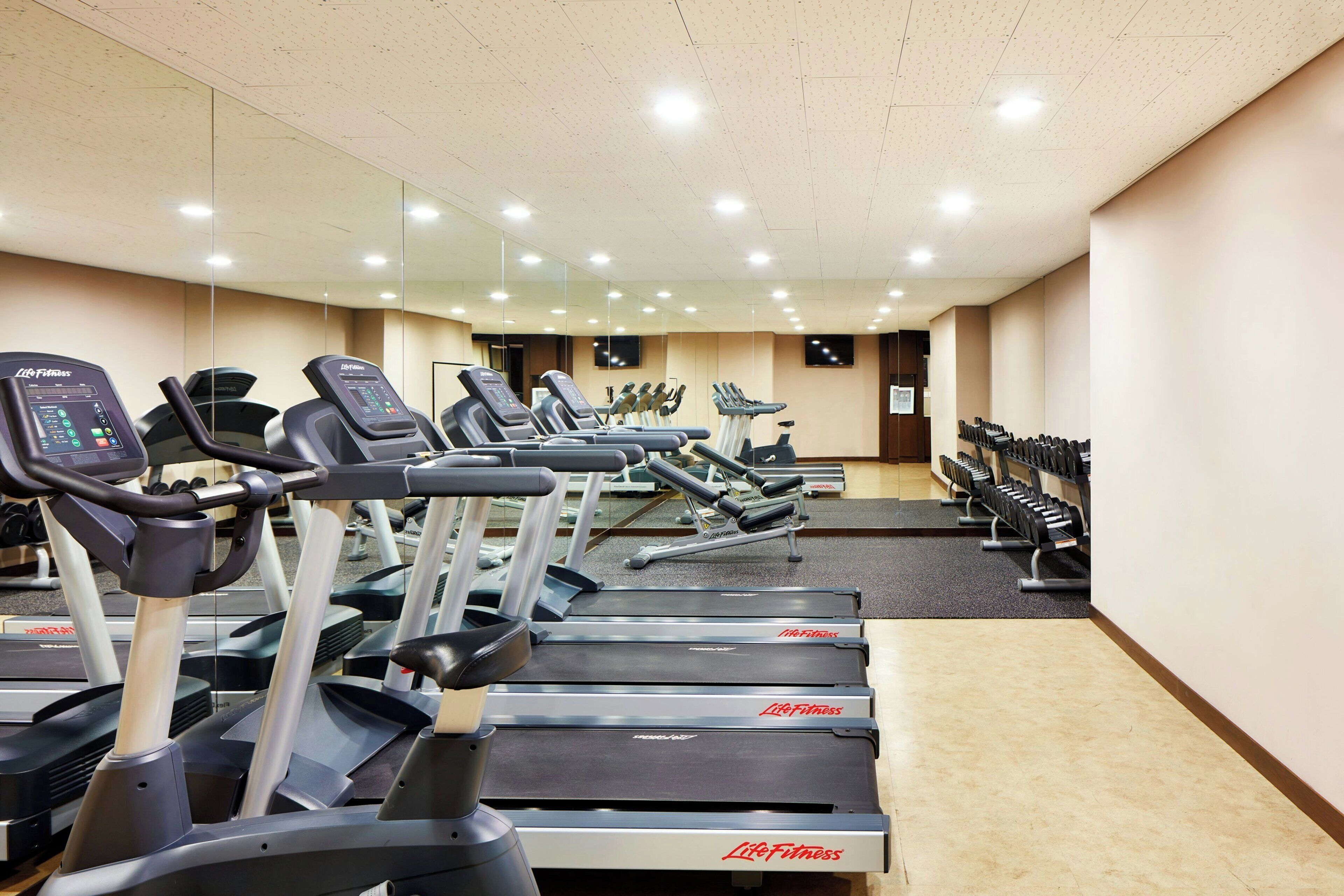 A gym with multiple treadmills and weight machines, a mirror wall, and a television screen.